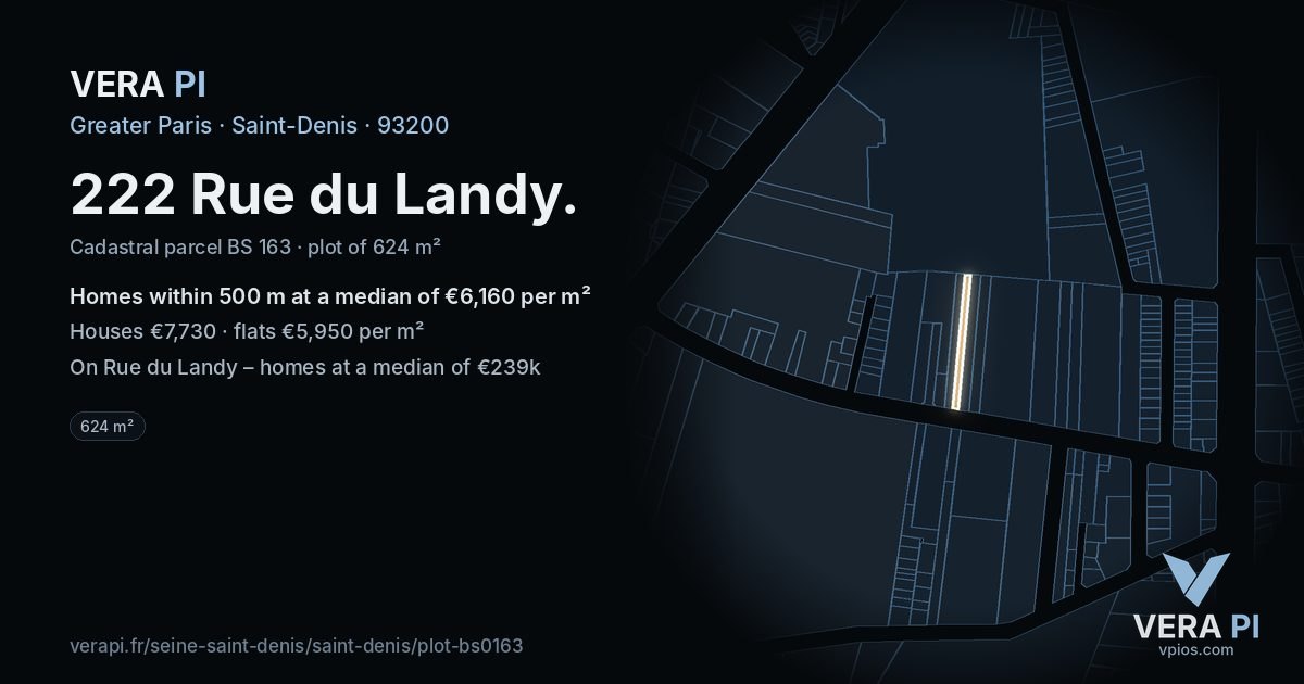 222 Rue du Landy, Saint-Denis at night – the plot lit, the parcels around coloured by the prices near them