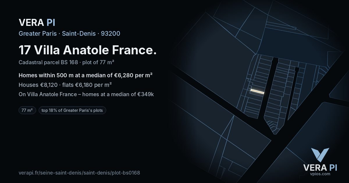 17 Villa Anatole France, Saint-Denis at night – the plot lit, the parcels around coloured by the prices near them