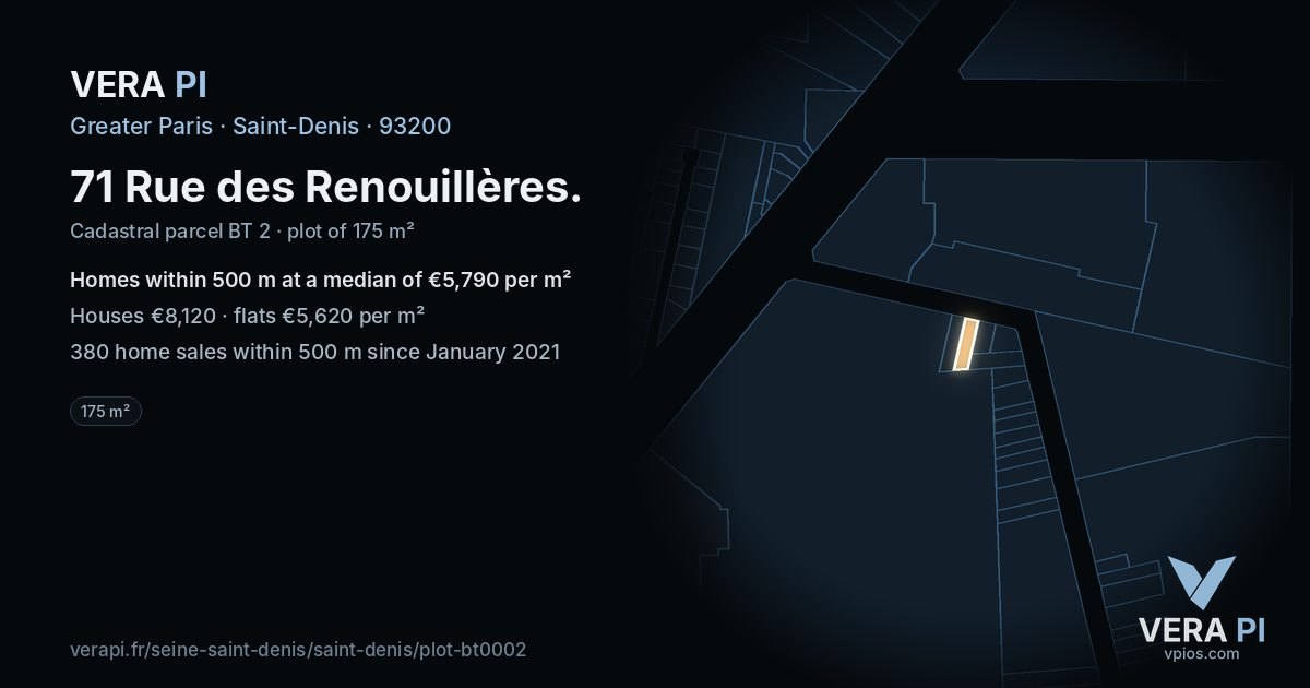 71 Rue des Renouillères, Saint-Denis at night – the plot lit, the parcels around coloured by the prices near them