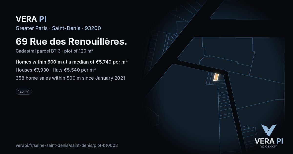 69 Rue des Renouillères, Saint-Denis at night – the plot lit, the parcels around coloured by the prices near them