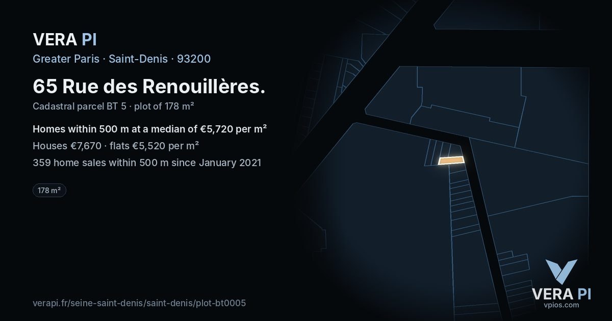 65 Rue des Renouillères, Saint-Denis at night – the plot lit, the parcels around coloured by the prices near them