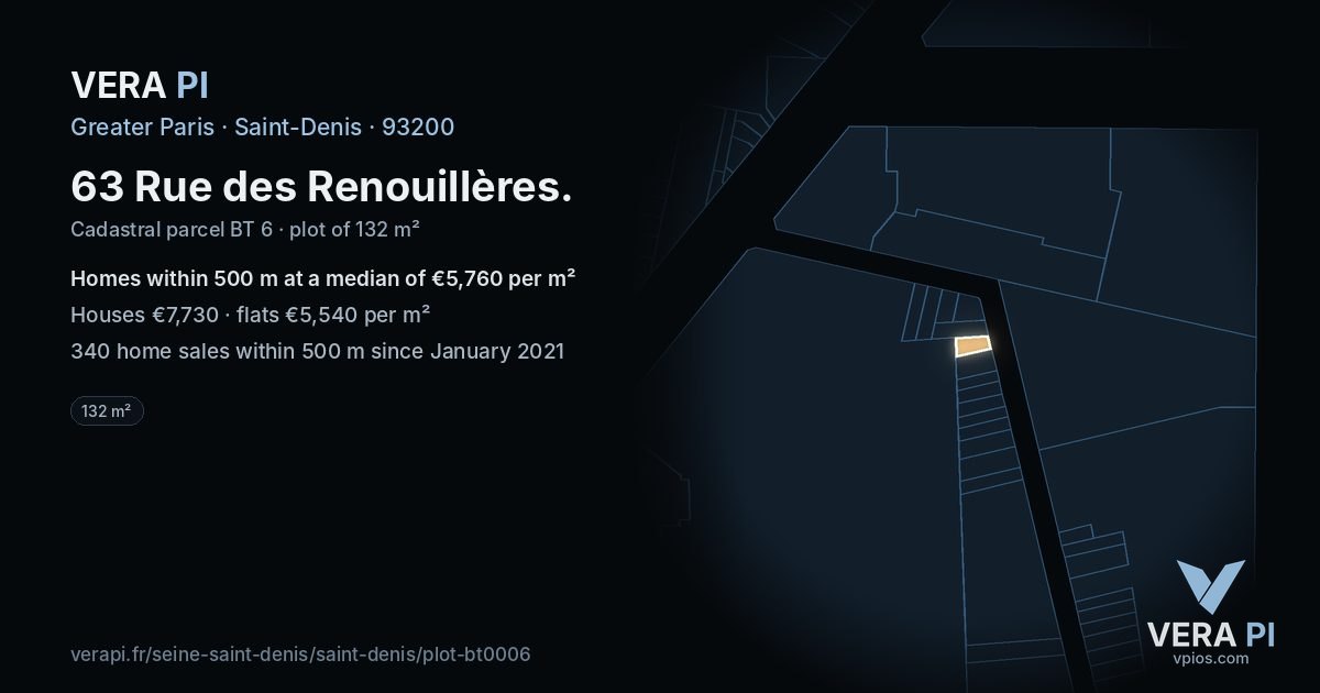 63 Rue des Renouillères, Saint-Denis at night – the plot lit, the parcels around coloured by the prices near them