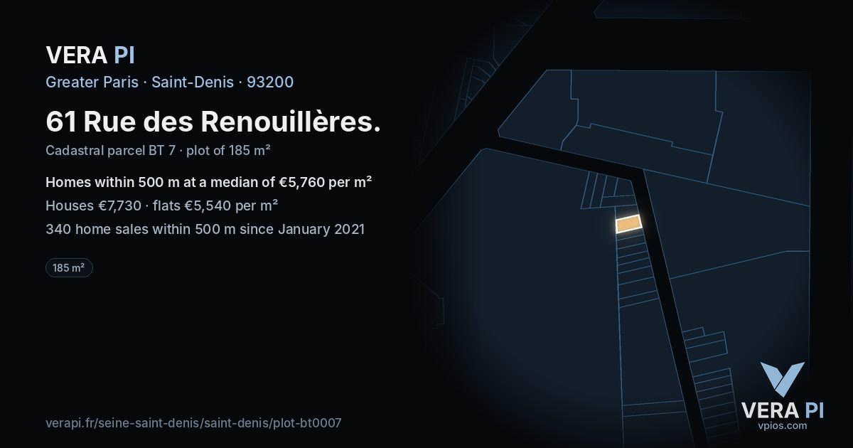 61 Rue des Renouillères, Saint-Denis at night – the plot lit, the parcels around coloured by the prices near them