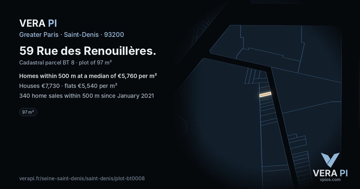 59 Rue des Renouillères, Saint-Denis at night – the plot lit, the parcels around coloured by the prices near them
