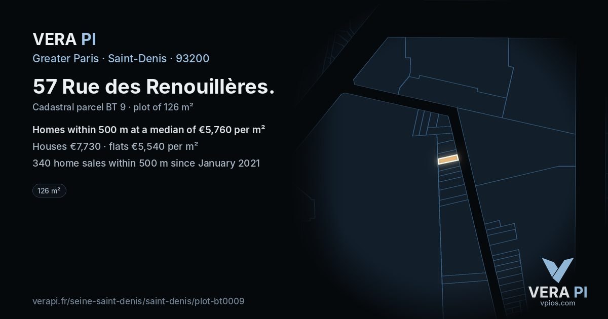 57 Rue des Renouillères, Saint-Denis at night – the plot lit, the parcels around coloured by the prices near them