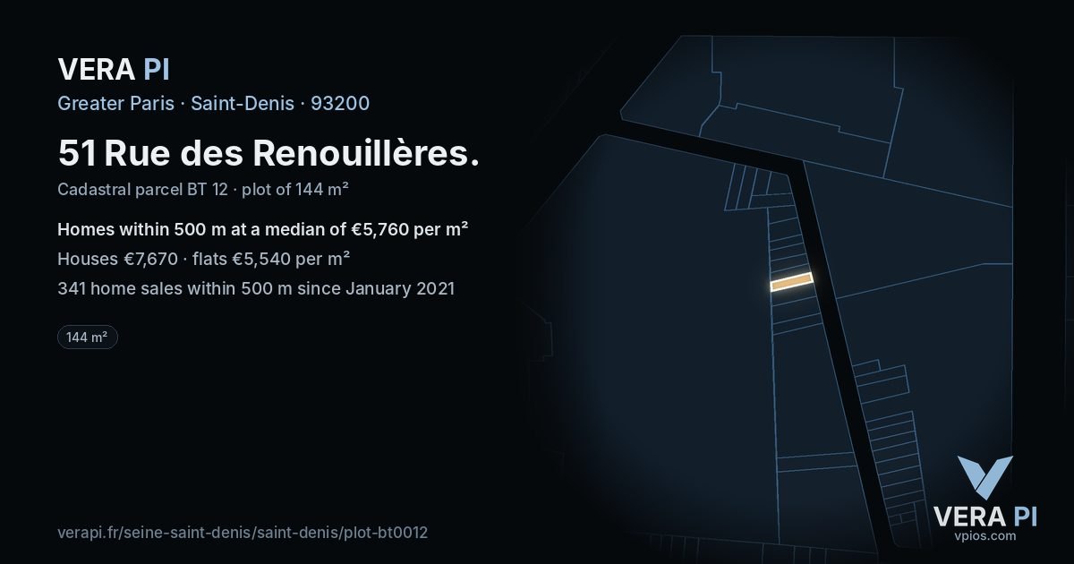 51 Rue des Renouillères, Saint-Denis at night – the plot lit, the parcels around coloured by the prices near them
