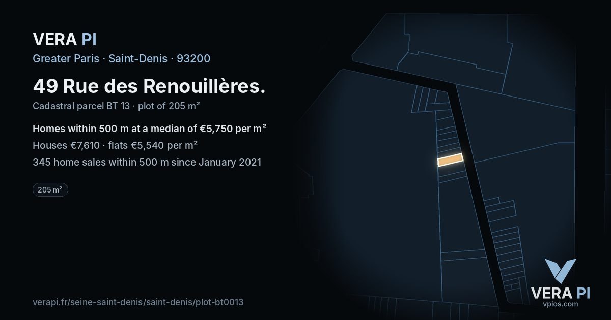 49 Rue des Renouillères, Saint-Denis at night – the plot lit, the parcels around coloured by the prices near them