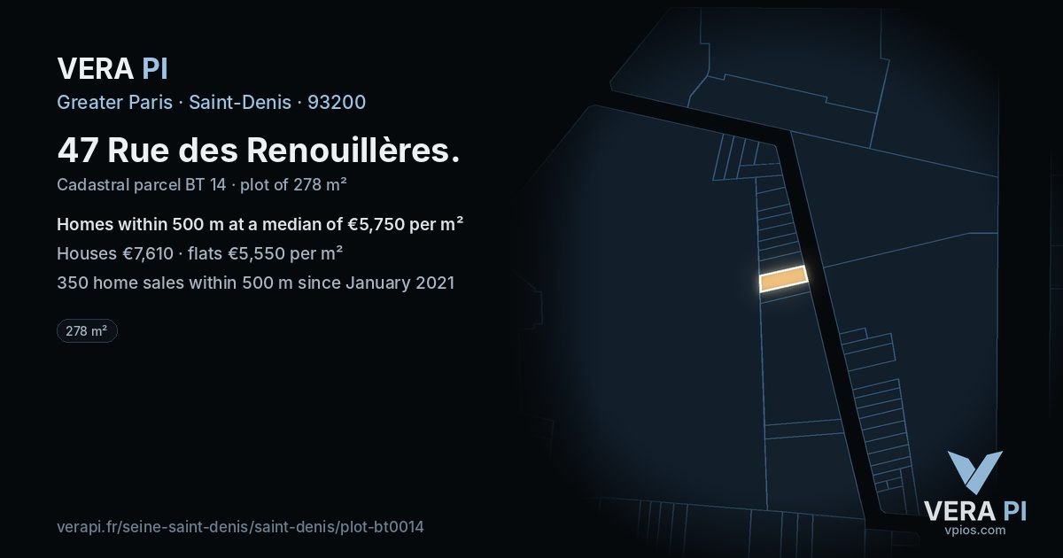 47 Rue des Renouillères, Saint-Denis at night – the plot lit, the parcels around coloured by the prices near them
