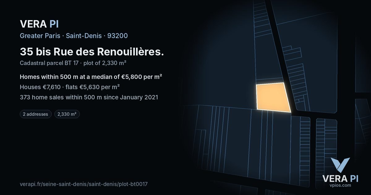35 bis Rue des Renouillères, Saint-Denis at night – the plot lit, the parcels around coloured by the prices near them