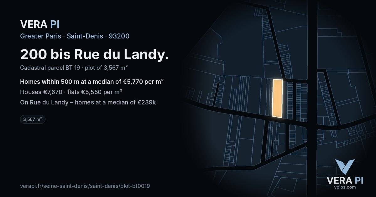 200 bis Rue du Landy, Saint-Denis at night – the plot lit, the parcels around coloured by the prices near them
