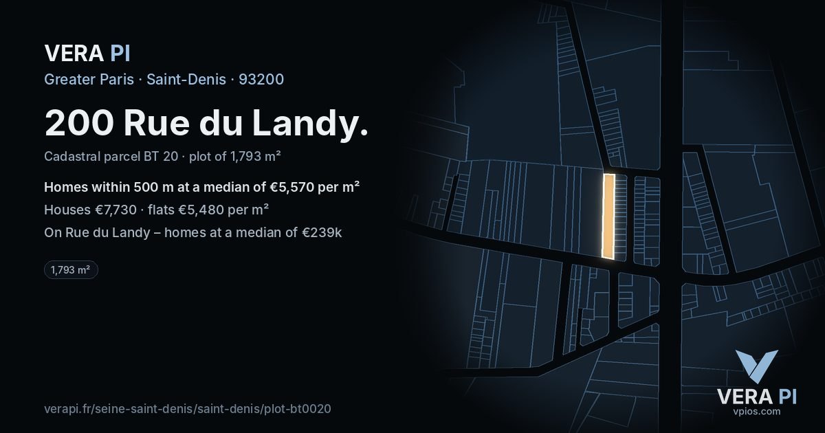 200 Rue du Landy, Saint-Denis at night – the plot lit, the parcels around coloured by the prices near them