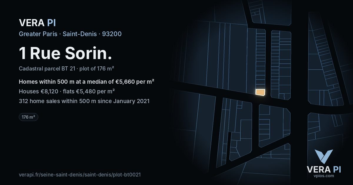 1 Rue Sorin, Saint-Denis at night – the plot lit, the parcels around coloured by the prices near them