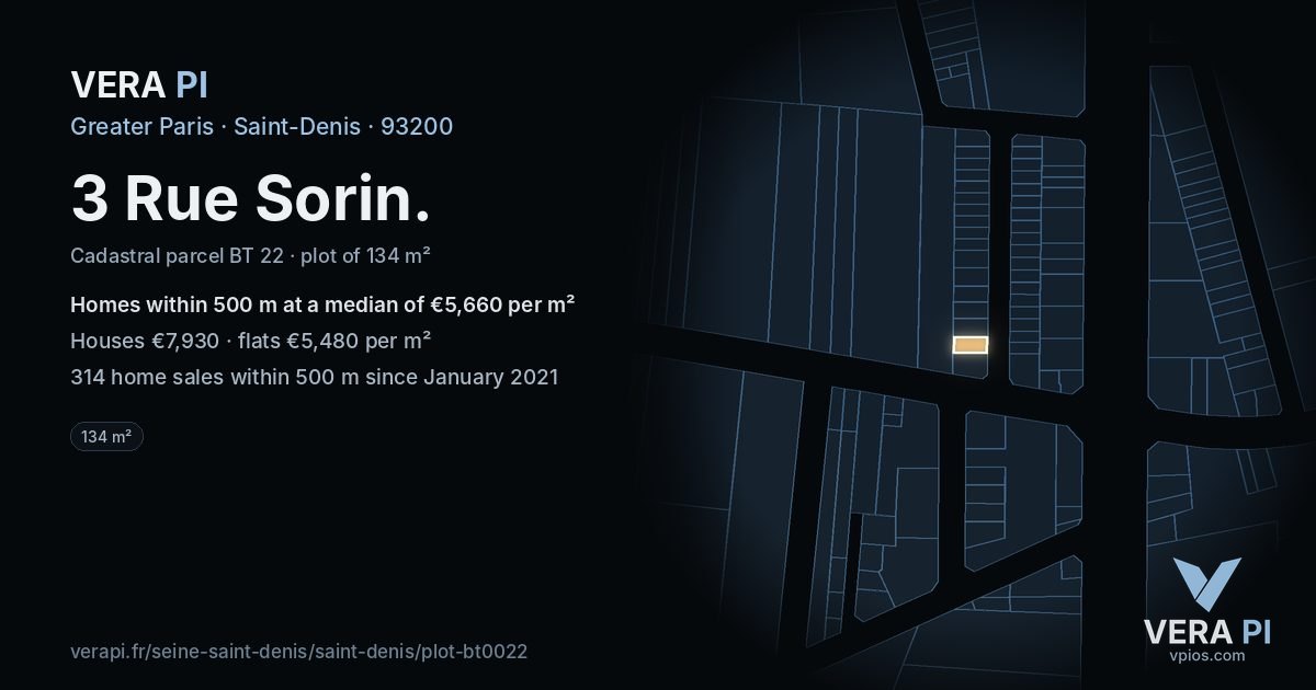 3 Rue Sorin, Saint-Denis at night – the plot lit, the parcels around coloured by the prices near them
