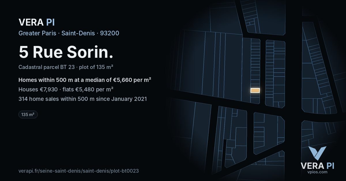 5 Rue Sorin, Saint-Denis at night – the plot lit, the parcels around coloured by the prices near them