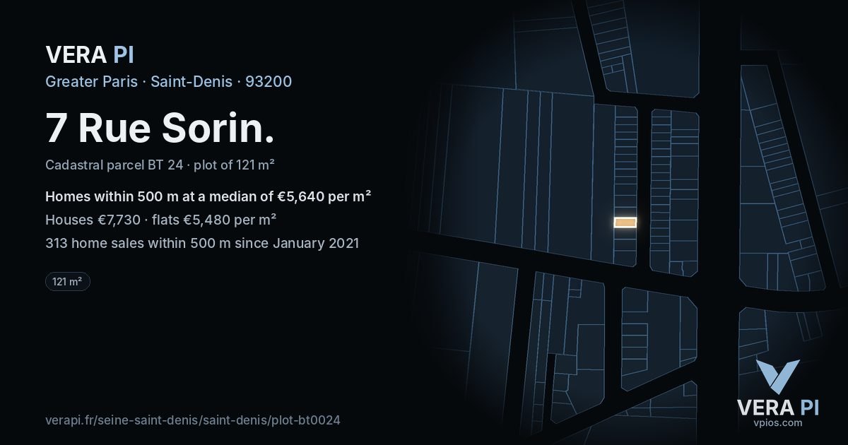 7 Rue Sorin, Saint-Denis at night – the plot lit, the parcels around coloured by the prices near them