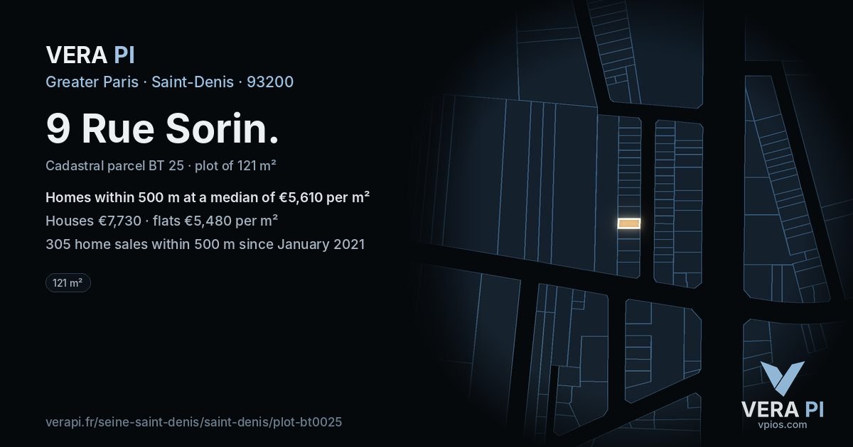 9 Rue Sorin, Saint-Denis at night – the plot lit, the parcels around coloured by the prices near them