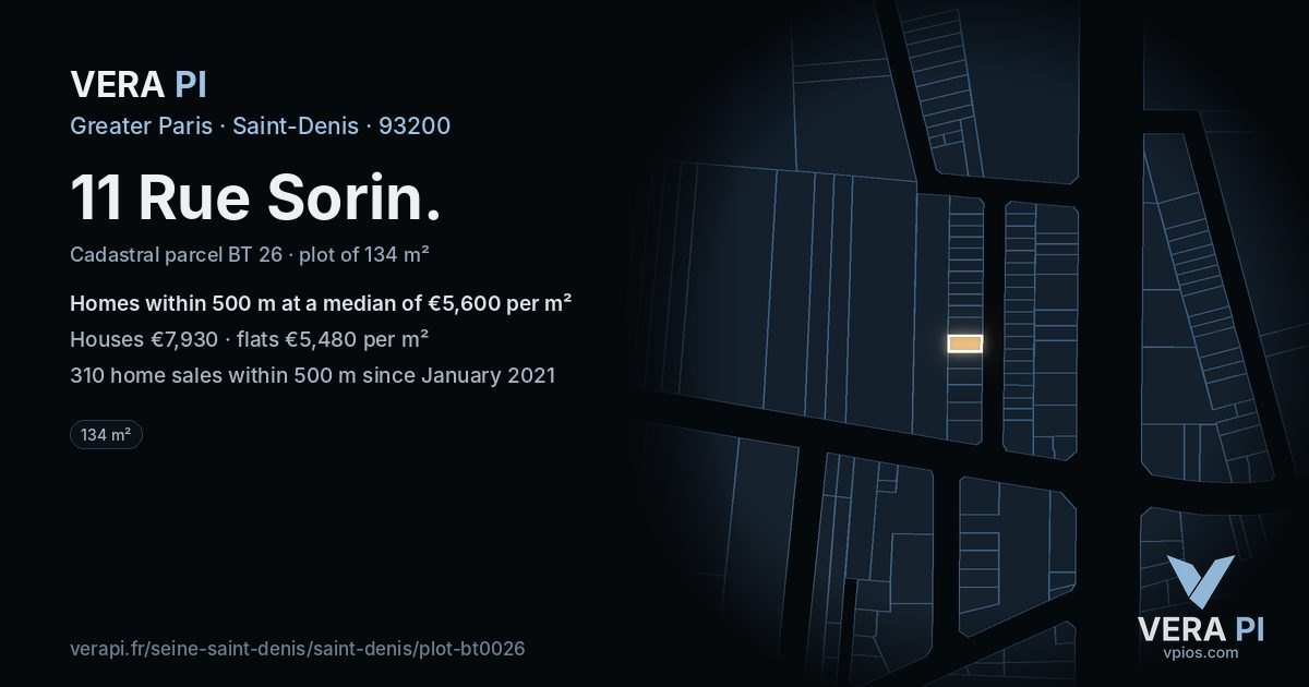 11 Rue Sorin, Saint-Denis at night – the plot lit, the parcels around coloured by the prices near them