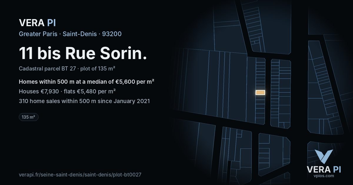 11 bis Rue Sorin, Saint-Denis at night – the plot lit, the parcels around coloured by the prices near them