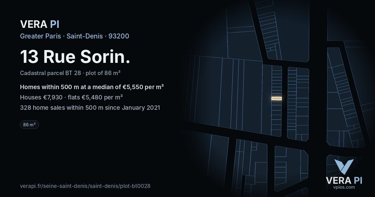 13 Rue Sorin, Saint-Denis at night – the plot lit, the parcels around coloured by the prices near them