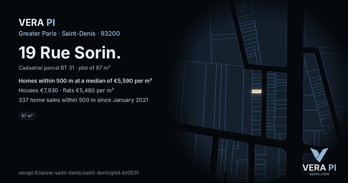 19 Rue Sorin, Saint-Denis at night – the plot lit, the parcels around coloured by the prices near them