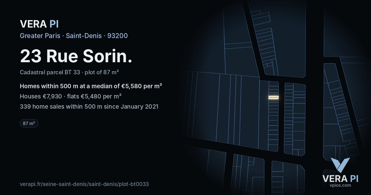 23 Rue Sorin, Saint-Denis at night – the plot lit, the parcels around coloured by the prices near them