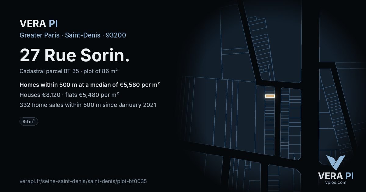 27 Rue Sorin, Saint-Denis at night – the plot lit, the parcels around coloured by the prices near them