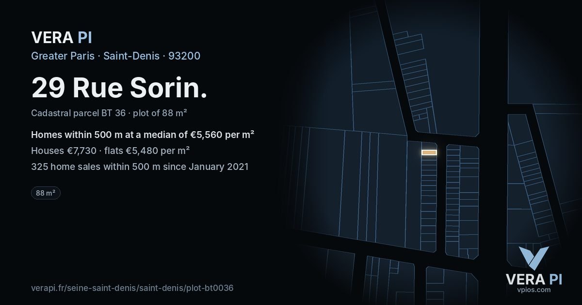 29 Rue Sorin, Saint-Denis at night – the plot lit, the parcels around coloured by the prices near them