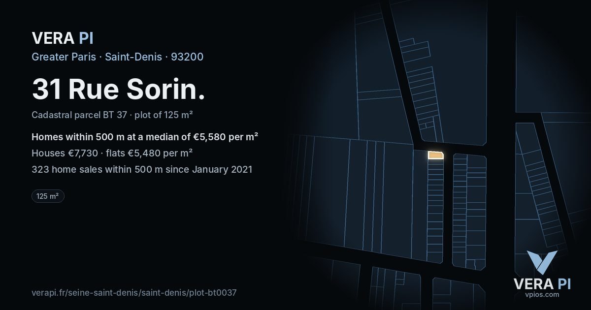31 Rue Sorin, Saint-Denis at night – the plot lit, the parcels around coloured by the prices near them