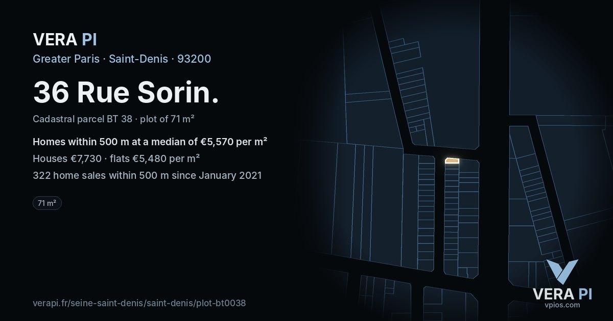 36 Rue Sorin, Saint-Denis at night – the plot lit, the parcels around coloured by the prices near them