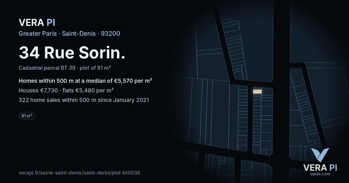 34 Rue Sorin, Saint-Denis at night – the plot lit, the parcels around coloured by the prices near them
