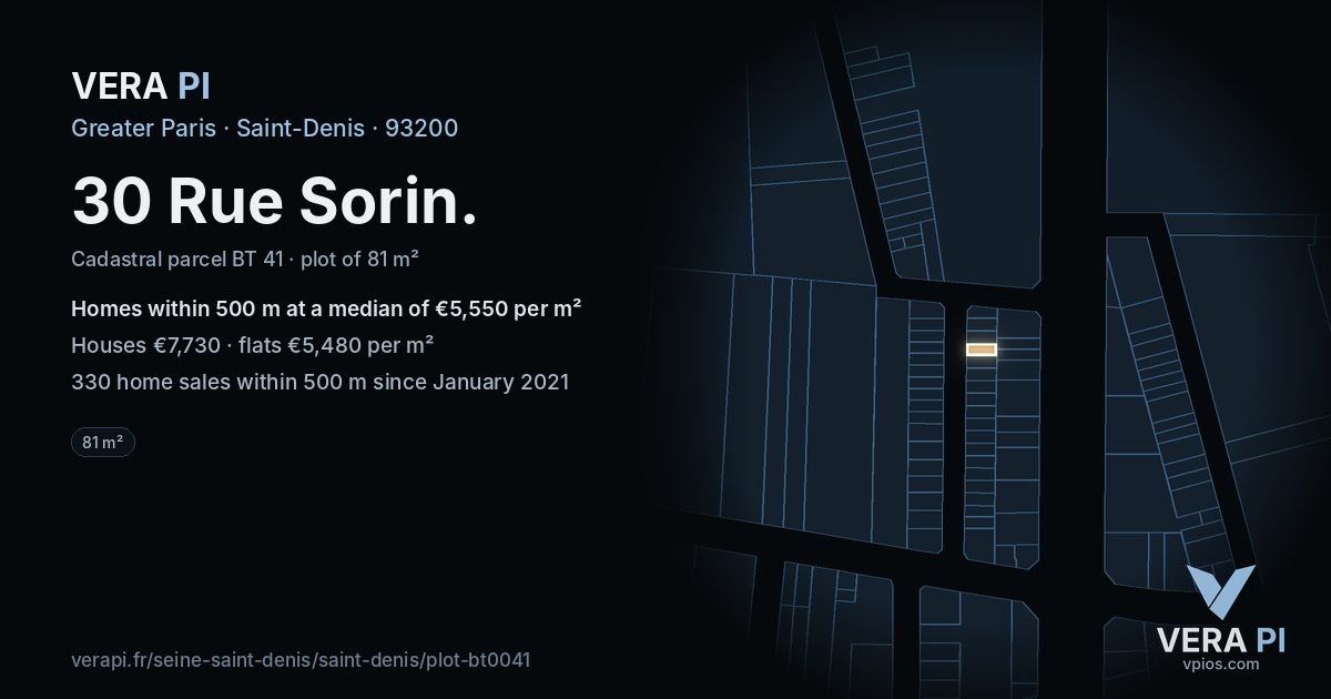 30 Rue Sorin, Saint-Denis at night – the plot lit, the parcels around coloured by the prices near them