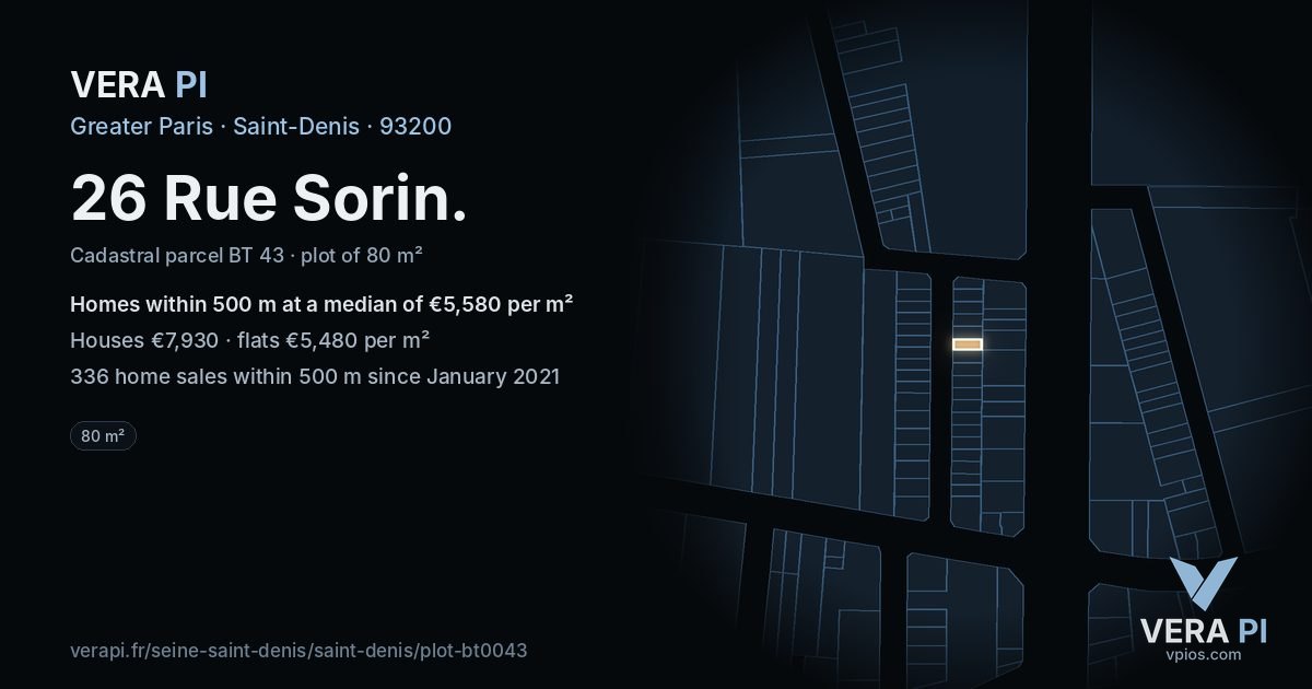 26 Rue Sorin, Saint-Denis at night – the plot lit, the parcels around coloured by the prices near them