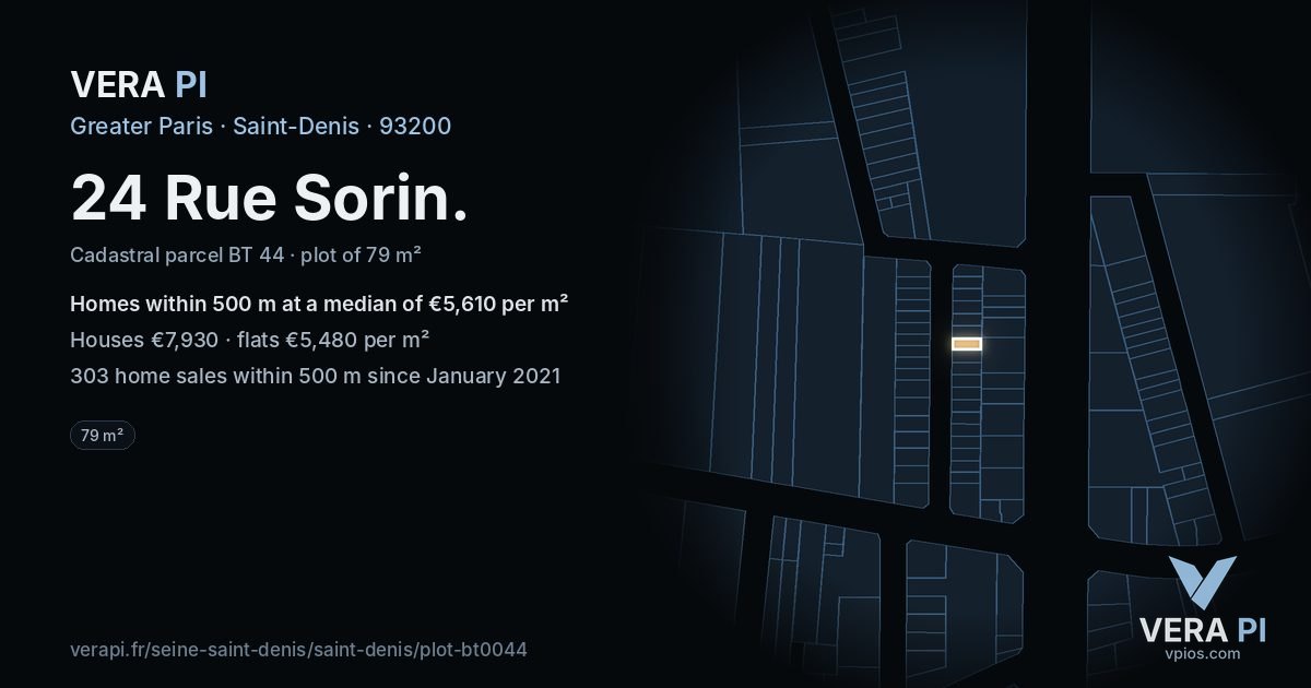 24 Rue Sorin, Saint-Denis at night – the plot lit, the parcels around coloured by the prices near them
