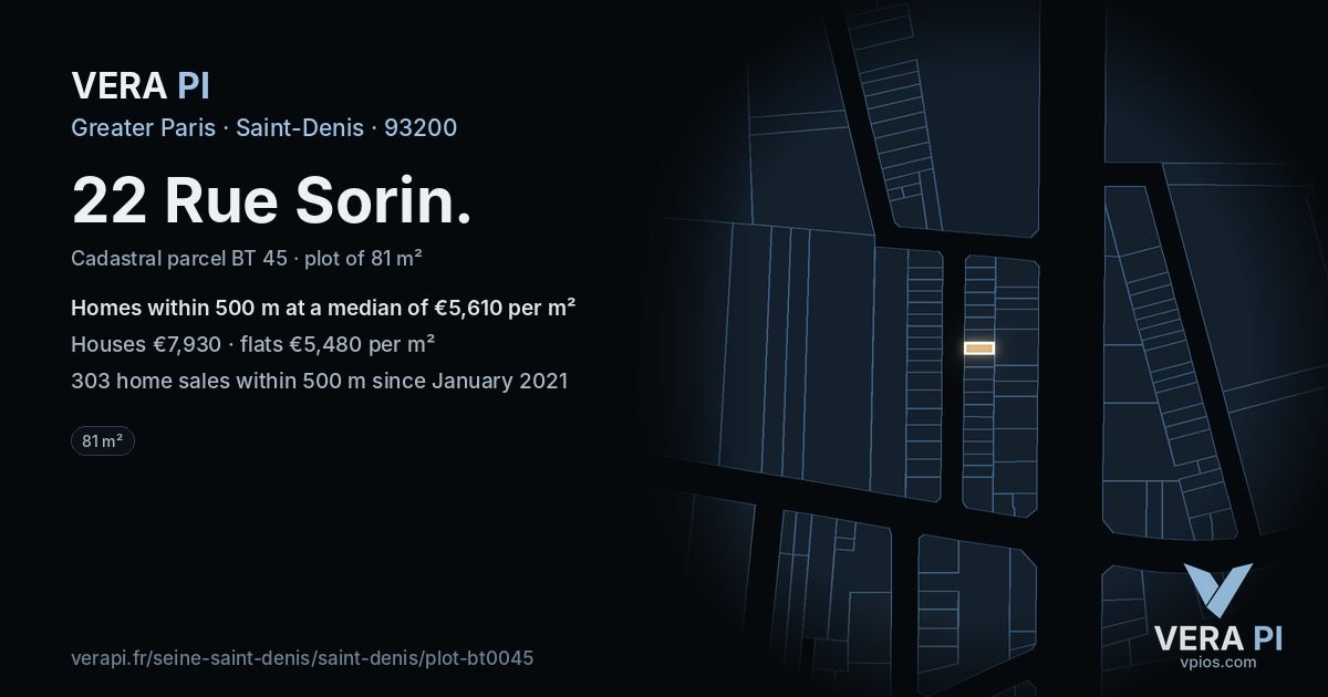 22 Rue Sorin, Saint-Denis at night – the plot lit, the parcels around coloured by the prices near them
