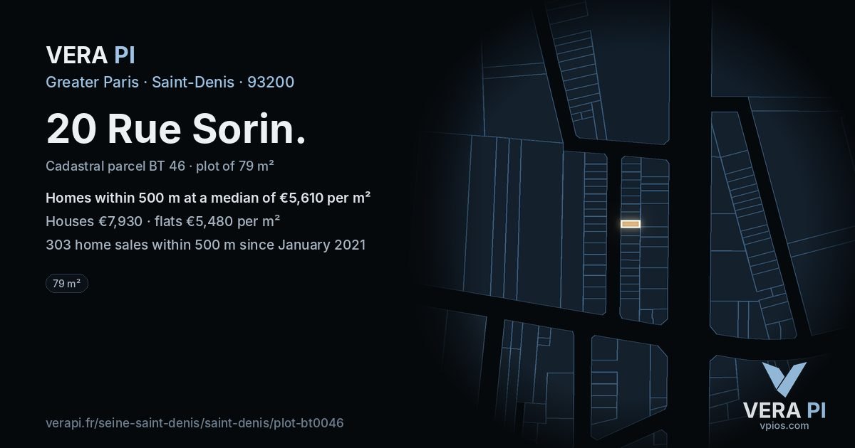 20 Rue Sorin, Saint-Denis at night – the plot lit, the parcels around coloured by the prices near them