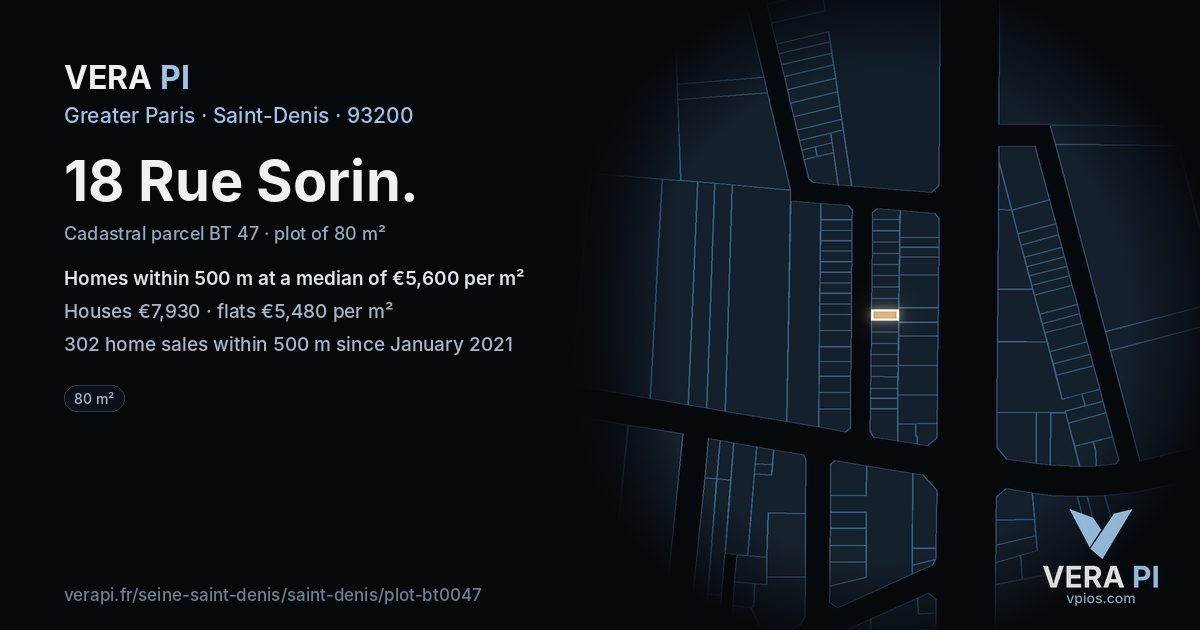 18 Rue Sorin, Saint-Denis at night – the plot lit, the parcels around coloured by the prices near them