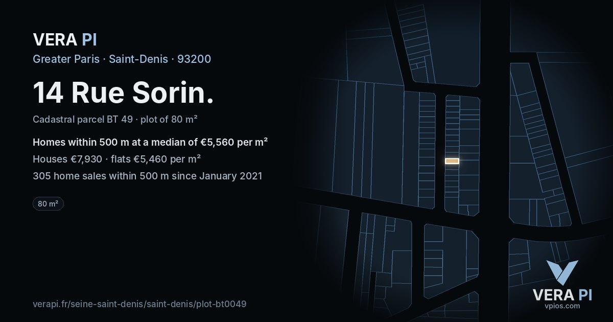 14 Rue Sorin, Saint-Denis at night – the plot lit, the parcels around coloured by the prices near them