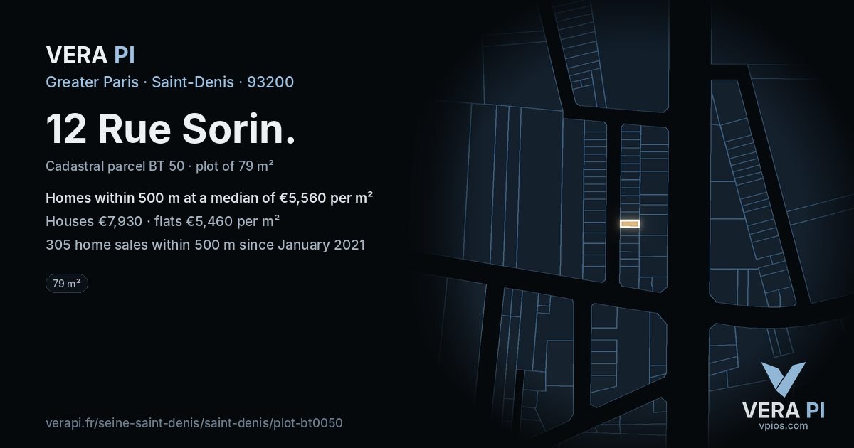 12 Rue Sorin, Saint-Denis at night – the plot lit, the parcels around coloured by the prices near them
