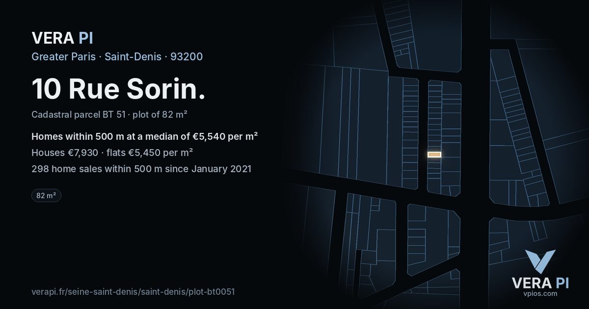 10 Rue Sorin, Saint-Denis at night – the plot lit, the parcels around coloured by the prices near them