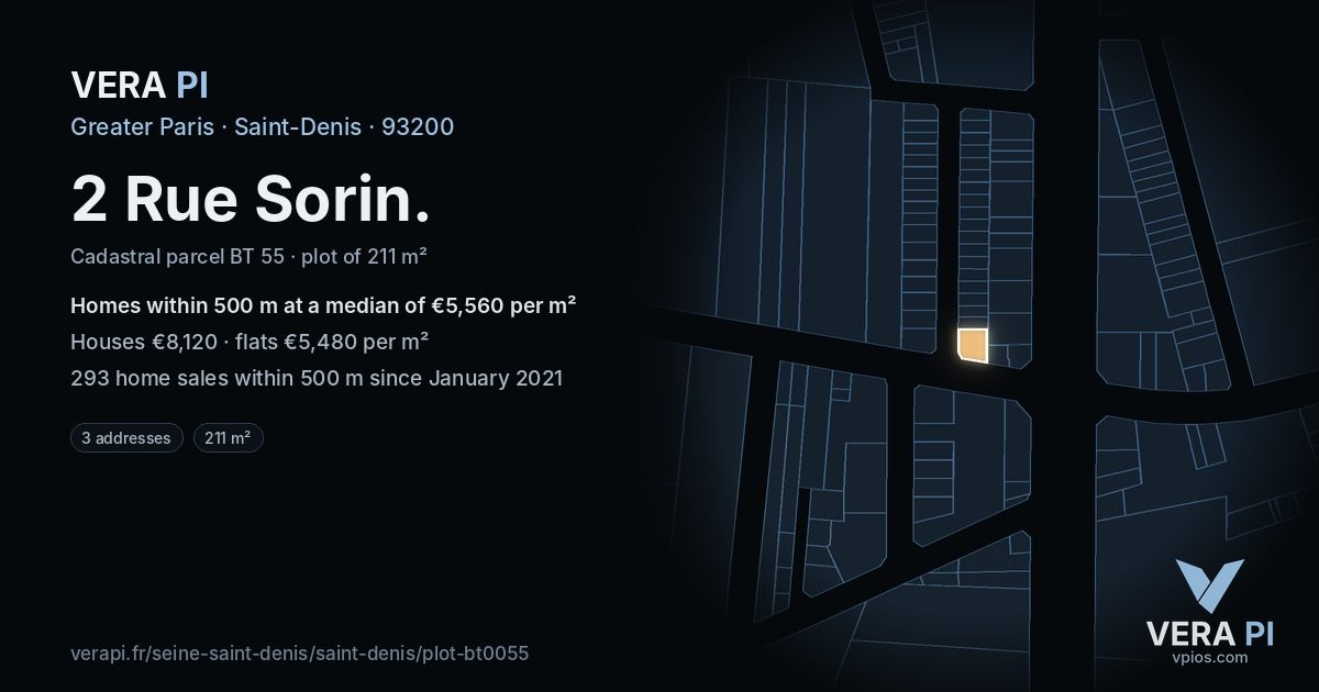 2 Rue Sorin, Saint-Denis at night – the plot lit, the parcels around coloured by the prices near them