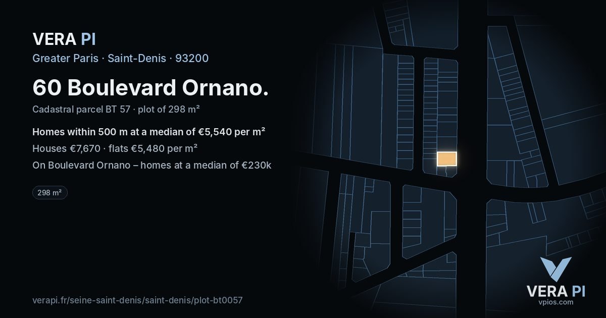 60 Boulevard Ornano, Saint-Denis at night – the plot lit, the parcels around coloured by the prices near them