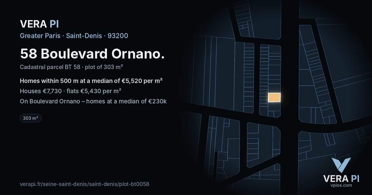 58 Boulevard Ornano, Saint-Denis at night – the plot lit, the parcels around coloured by the prices near them