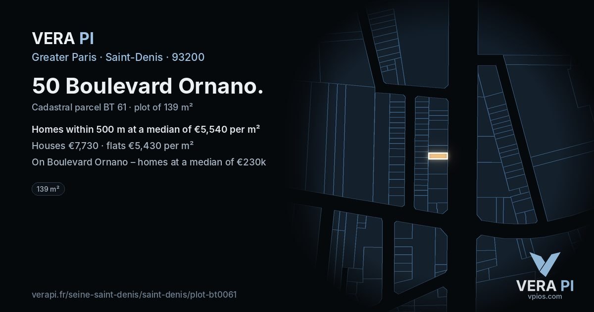 50 Boulevard Ornano, Saint-Denis at night – the plot lit, the parcels around coloured by the prices near them