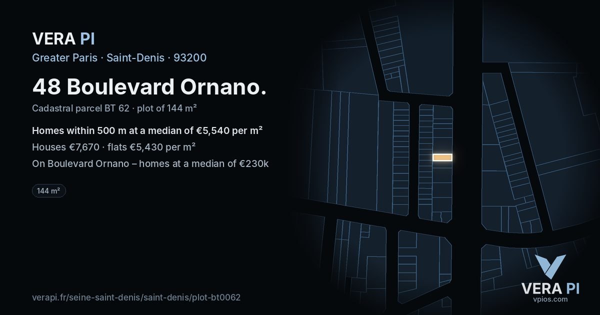 48 Boulevard Ornano, Saint-Denis at night – the plot lit, the parcels around coloured by the prices near them