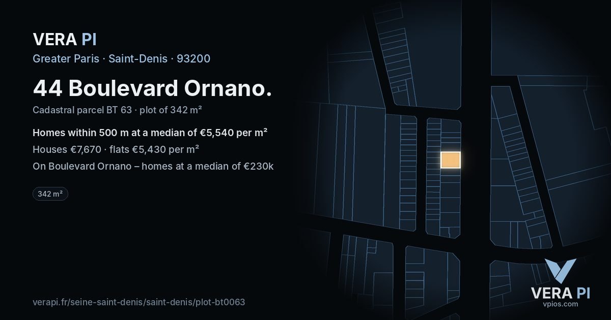 44 Boulevard Ornano, Saint-Denis at night – the plot lit, the parcels around coloured by the prices near them