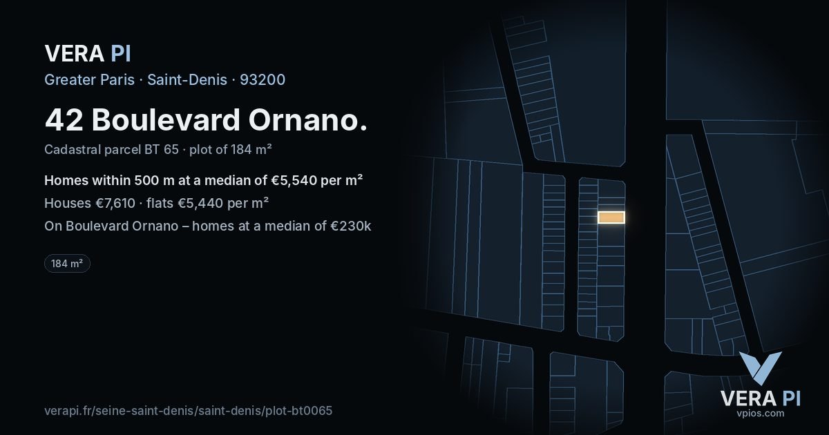 42 Boulevard Ornano, Saint-Denis at night – the plot lit, the parcels around coloured by the prices near them