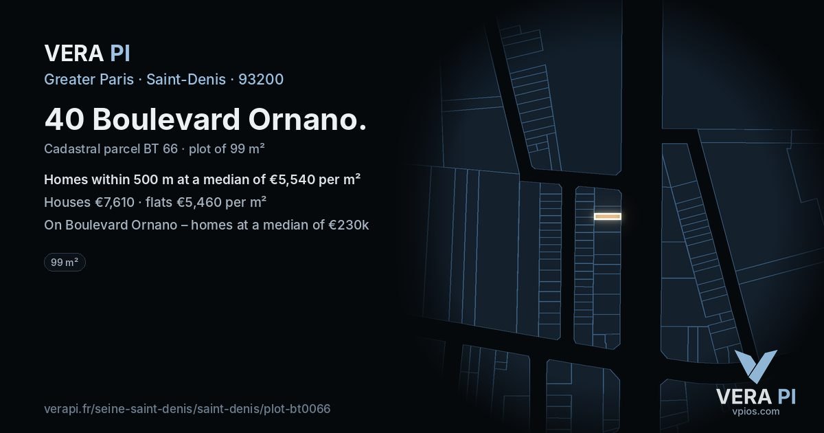40 Boulevard Ornano, Saint-Denis at night – the plot lit, the parcels around coloured by the prices near them