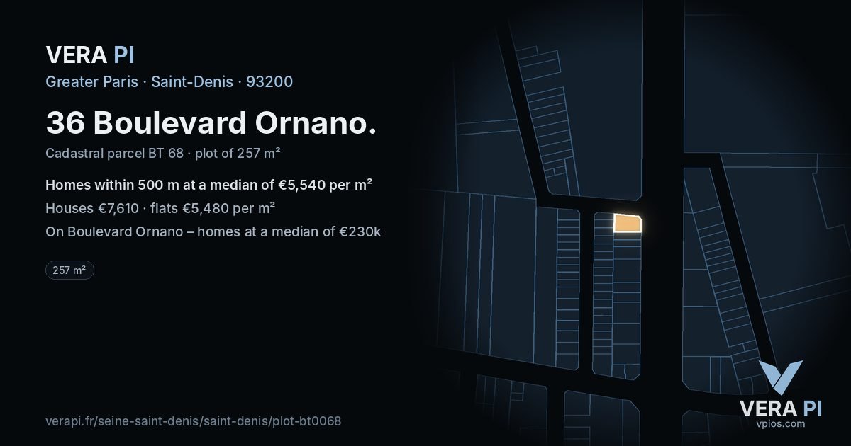 36 Boulevard Ornano, Saint-Denis at night – the plot lit, the parcels around coloured by the prices near them