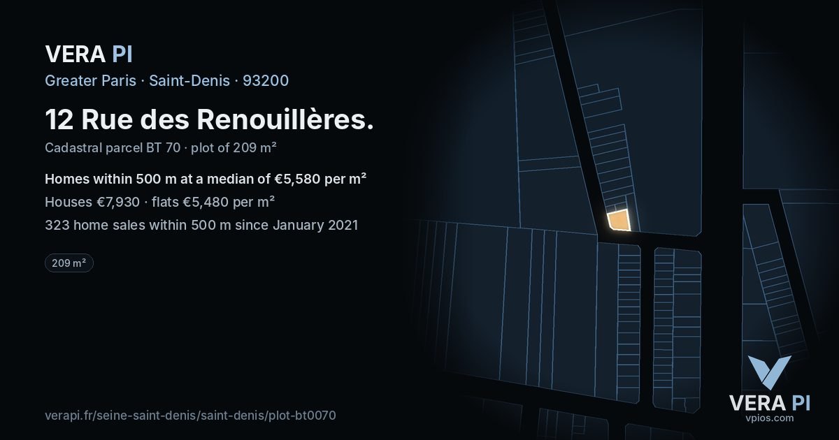 12 Rue des Renouillères, Saint-Denis at night – the plot lit, the parcels around coloured by the prices near them