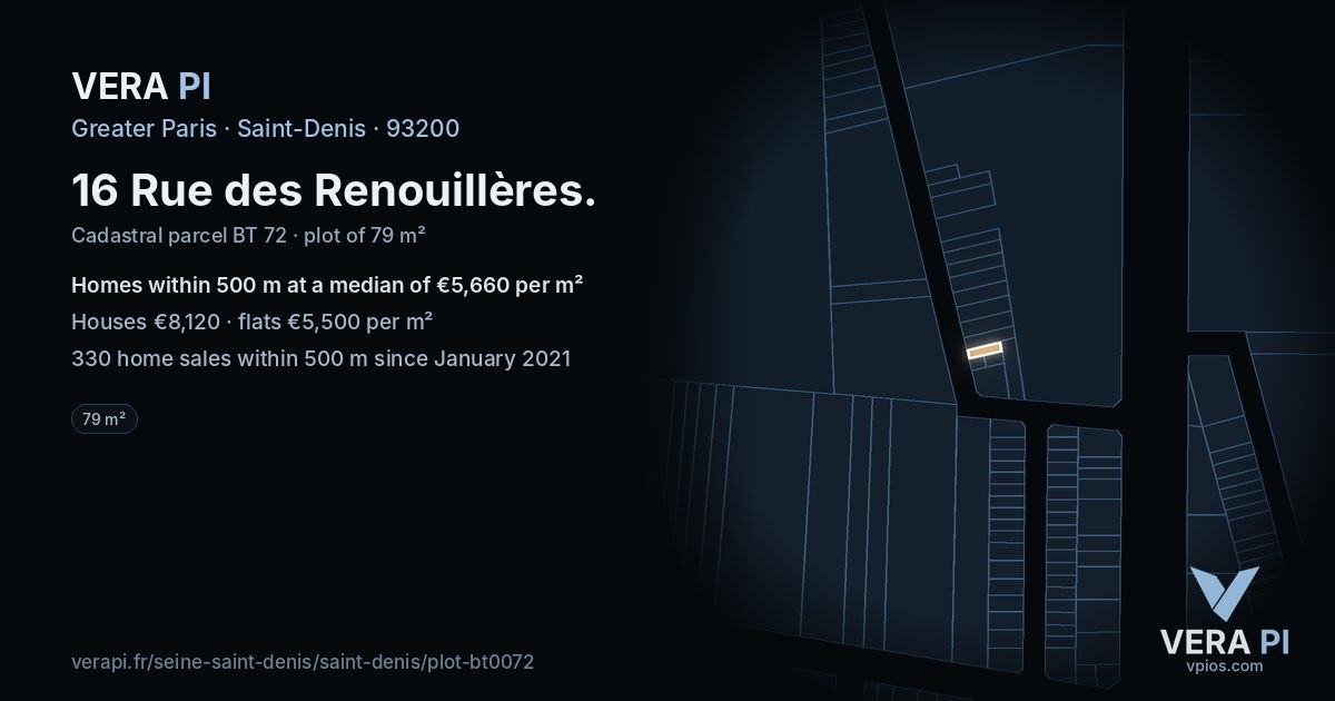 16 Rue des Renouillères, Saint-Denis at night – the plot lit, the parcels around coloured by the prices near them
